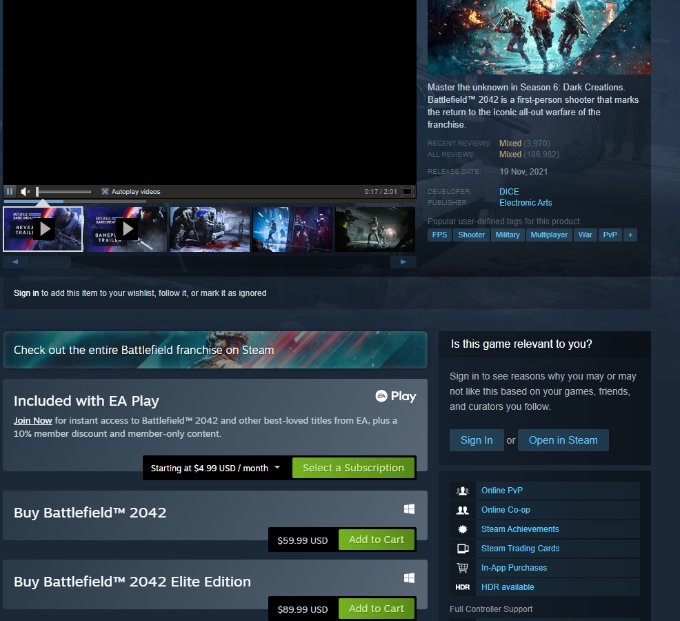 Cost of battlefield 2042 on Steam