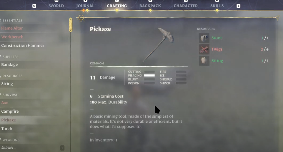 Crafting pickaxe in enshrouded