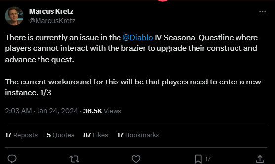 Marcus Kretz, Community Manager on Diablo, has officially posted 