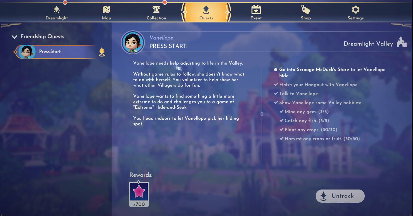 Press Start mission dreamlight valley vanellope