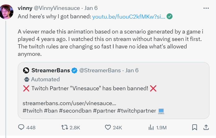 Vinny Vinesauce,talking about Twitch banning him