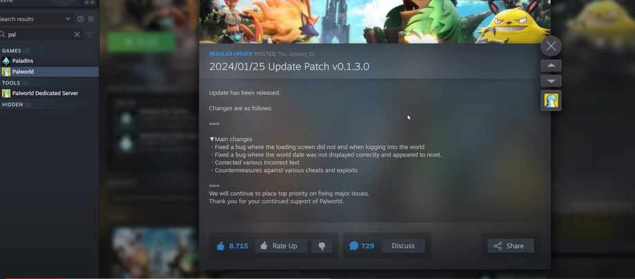 Palworld's latest update version 0.1.3.0 Patch Notes