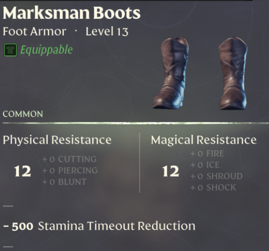 equiable marksman boots after reaching level 13 in enshrouded.