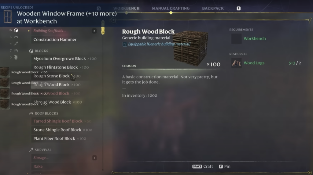 Crafting multiple rough wood block before building stairs in enshrouded