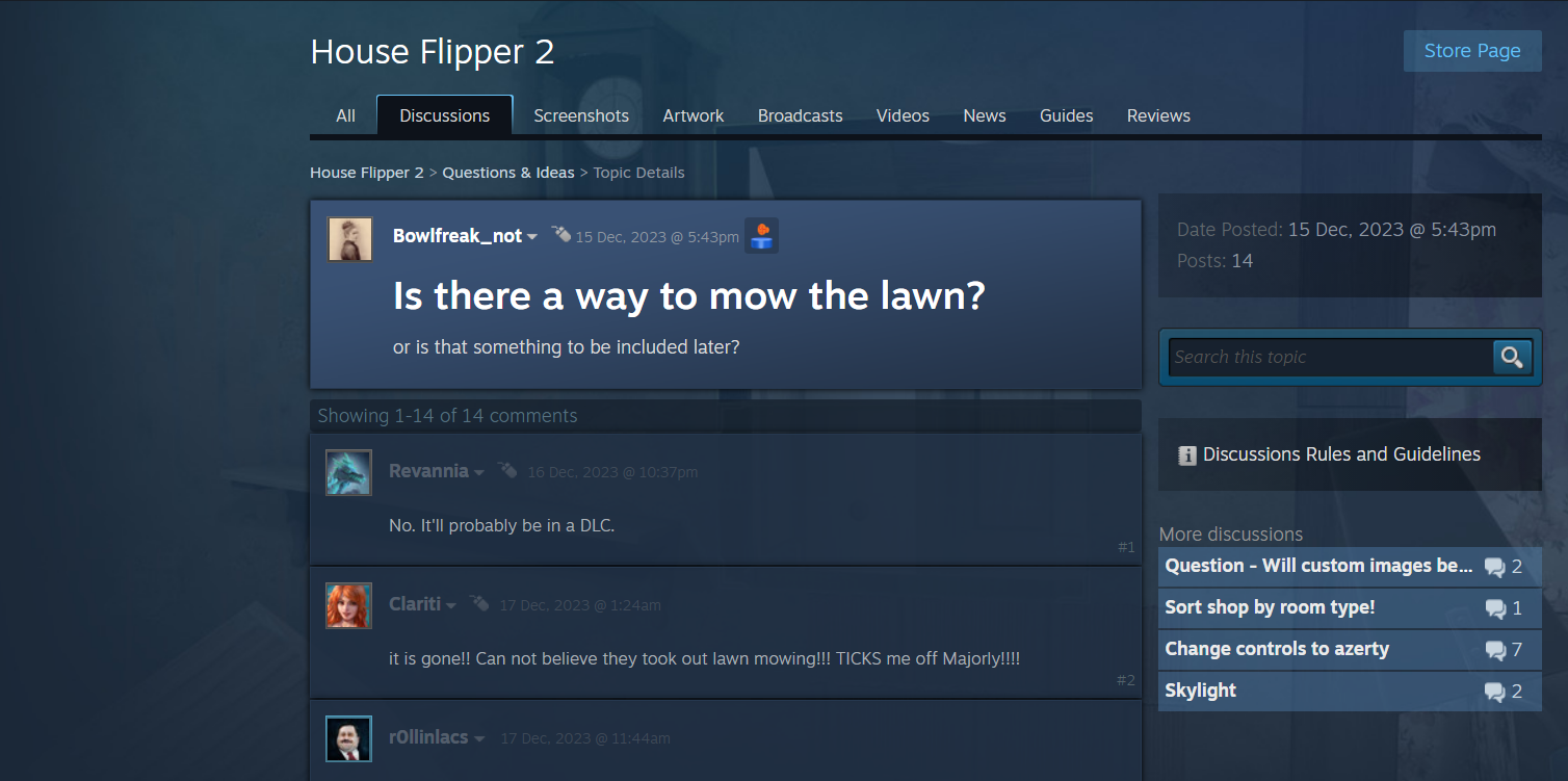 players discussing ways to cut grass in house flipper 2