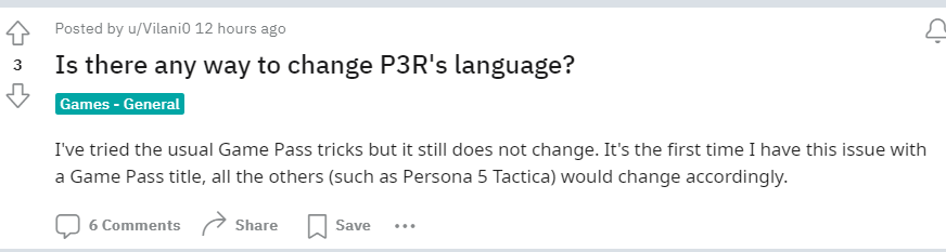 Players reported an issue faced while changing P3R's language on Reddit