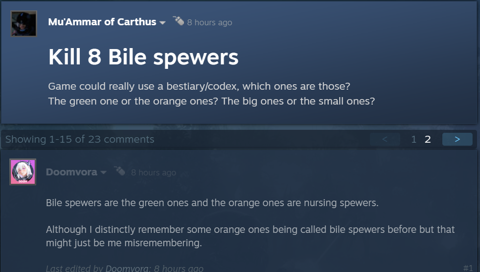 Online discussion on Kill 8 Bile Spewers quest.