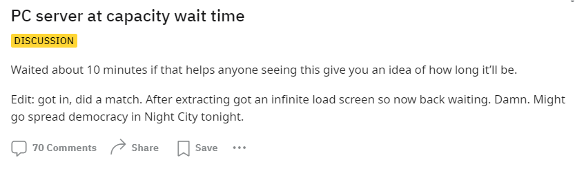 Reddit discussion on server at capacity wait time issue