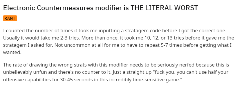 The frustration expressed by players underscores the significant impact of the Electronic Countermeasures modifier on gameplay, highlighting the challenges and unpredictability it introduces when calling in support stratagems in Helldivers 2