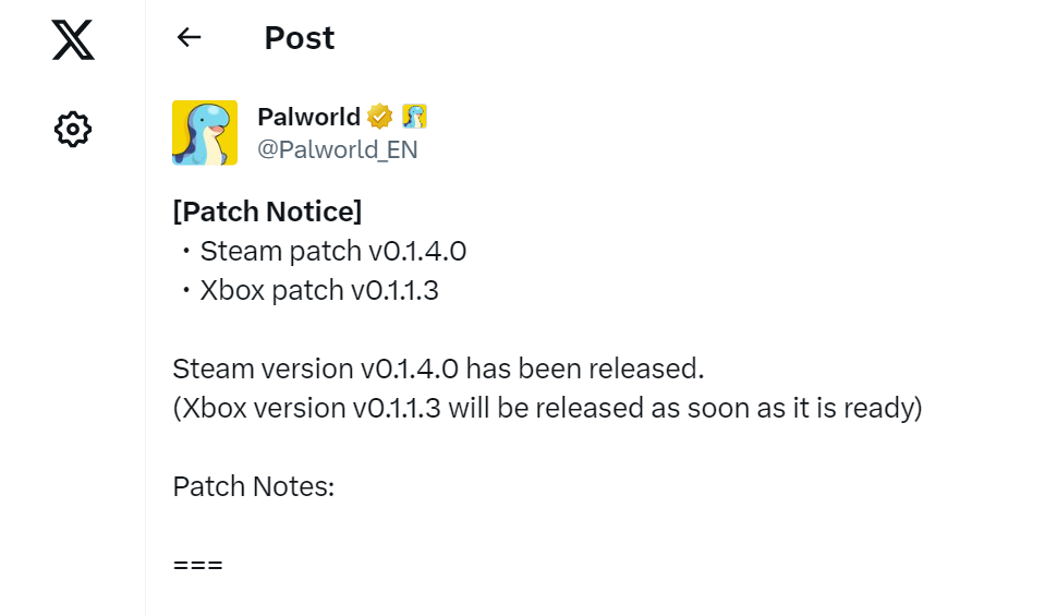 patch note 1.4 Palworld